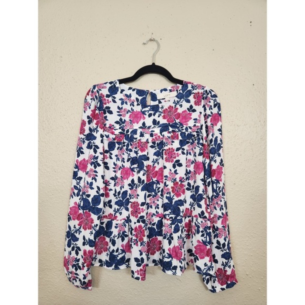 LOFT Floral Print Blouse Long Sleeve Keyhole‎ Peplum Top White Pink Blue S